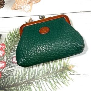 🦆 DOONEY & BOURKE LEATHER KISSLOCK COIN POUCH IN FOREST GREEN WITH TAN TRIM